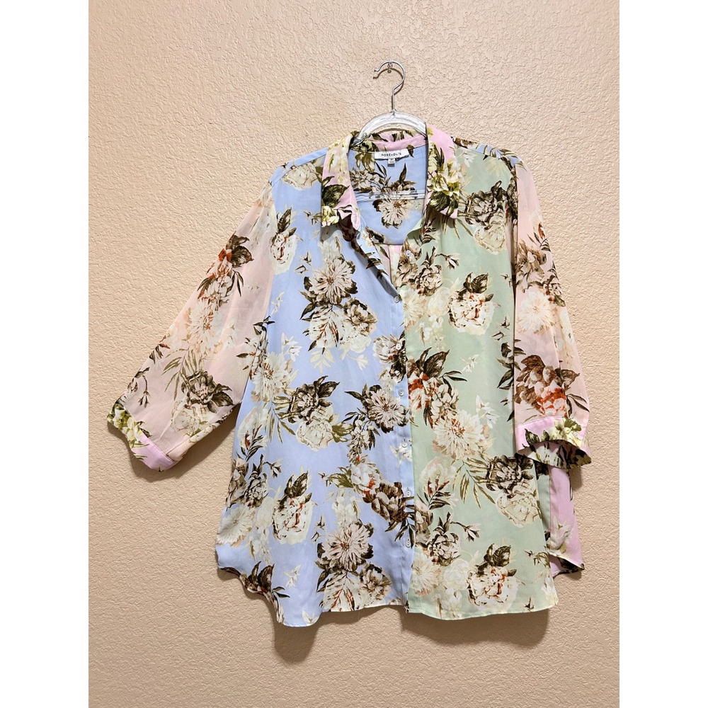 Rose + Olive 2X Floral Colorblock Button Down Blouse Multicolor Pastel Chiffon